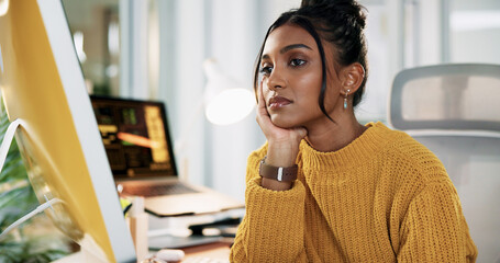 Creative, bored and woman with thinking by computer for software design, deadline procrastination...