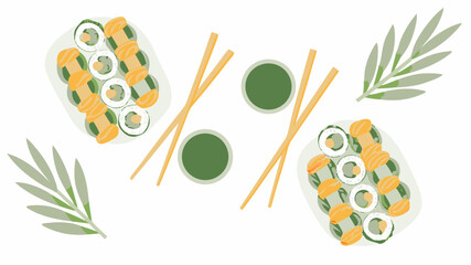 Overhead view of sushi rolls on plates with chopsticks, sauce, and leaves creating a balanced composition