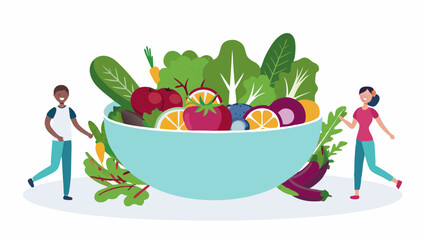 People standing beside a large bowl filled with various fruits and vegetables in a colorful illustration