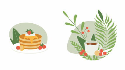 Illustration showing pancakes with strawberry and syrup and a cup of coffee with tropical leaves design