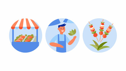 Three circular icons depicting a food stall, a vendor with greens, and vegetable skewers on display