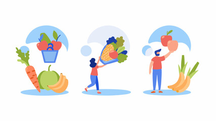 Three scenes showing people with fruits and vegetables in a stylized flat vector illustration style