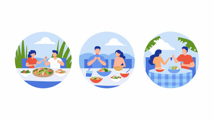 Three scenes of couples dining outdoors with salads and drinks, set against scenic backgrounds in circles