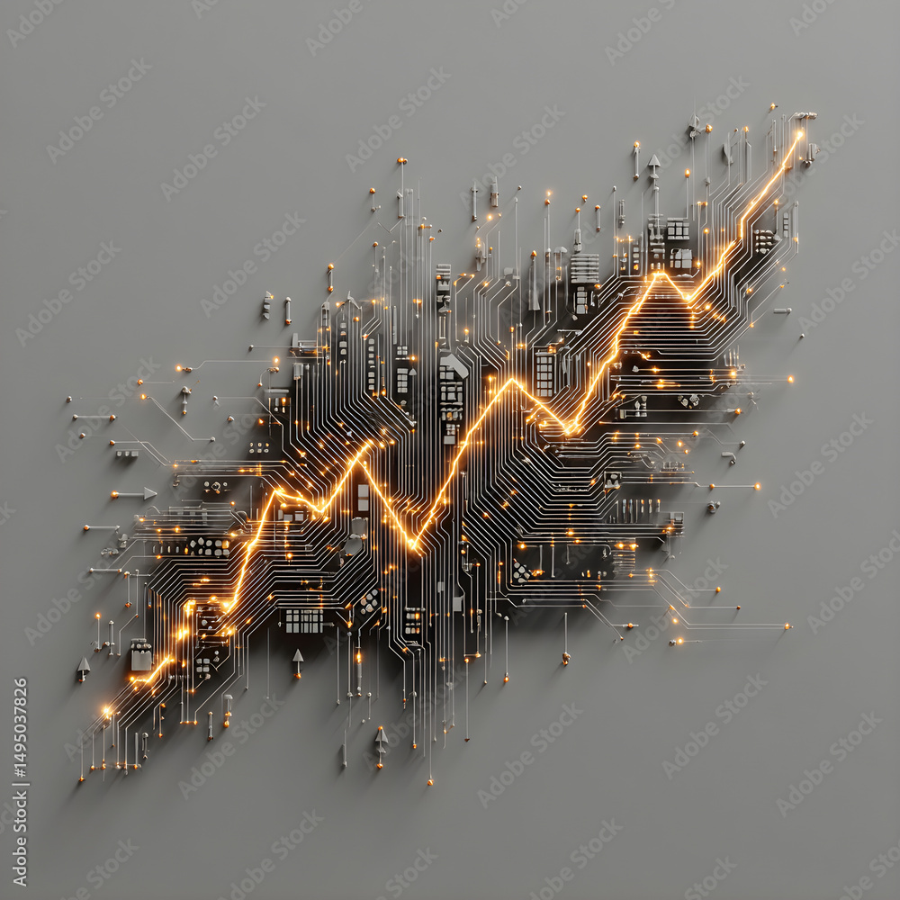 Poster circuit board with glowing line graph showing upward trend against a gray background surface view