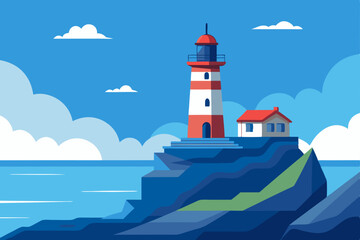 lonely lighthouse on rocky cliff vector illustration