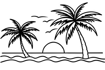Sunset Over Tropical Beach with Swaying Palm Trees Vector Illustration