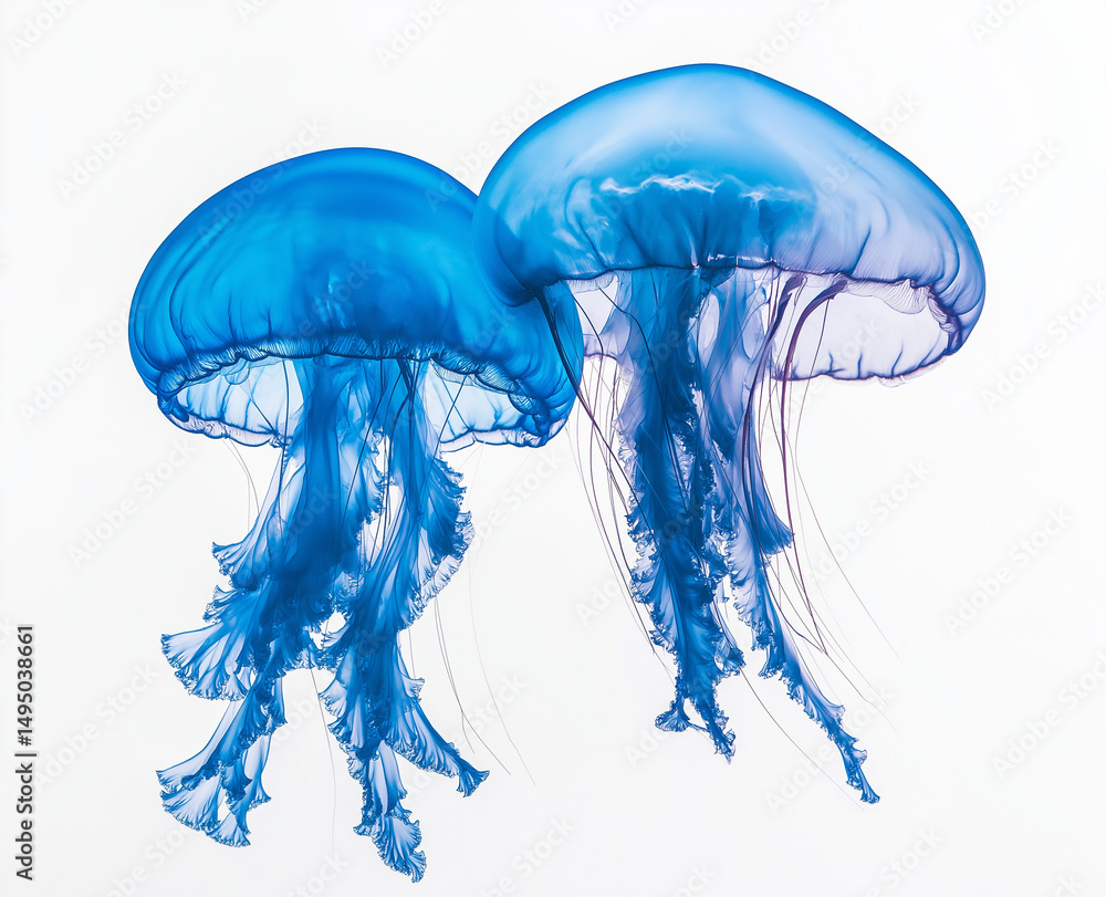 Poster blue ink drop and jellyfish-like fluid splash isolated on white background isometric view of paint c