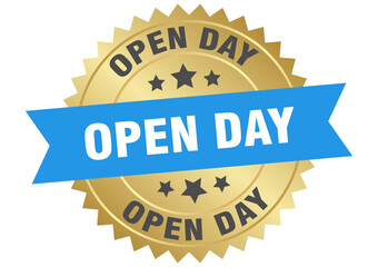 open day. open day round blue and gold label isolated on transparent background