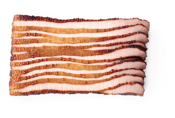 Fototapeta premium Roasted Pork Belly Perfectly crispy pork belly with crackling skin, sliced to reveal its juicy layers. A glossy glaze glistens