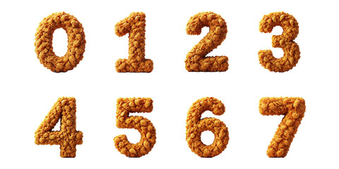 Concept of fried chicken number typography : Numbers 0, 1, 2, 3, 4, 5, 6, and 7 made from crispy fried chicken texture, isolated on white background