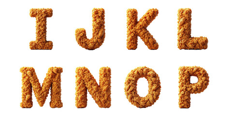 Fototapeta premium Concept of fried chicken alphabet typography : Letters I, J, K, L, M, N, O, and P made from crispy fried chicken texture, isolated on white background