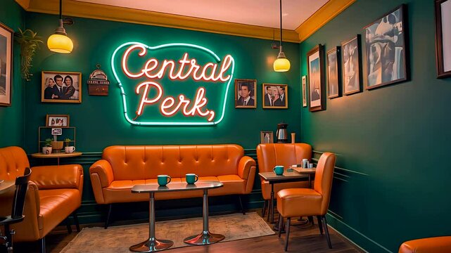 Retro Central Perk Cafe with Neon Sign and Cozy Seating