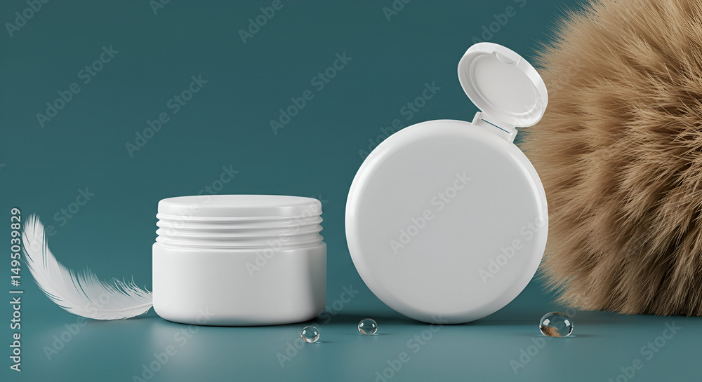 Aufkleber white cosmetic jars with lids displayed on a teal background with a feather and dried wheat. empty c