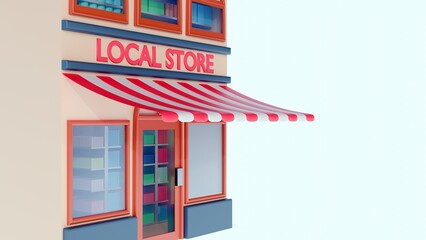 A 3d rendering of charming two-story building with a sign that reads "LOCAL STORE", a bright red and white striped awning extending over a glass double door entryway.