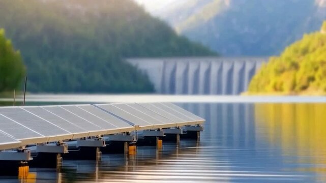 Solar Panels on Lake: A row of solar panels float on a serene lake, nestled against a picturesque backdrop of mountains and a dam.