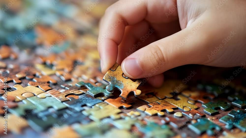 Poster Close up of a child's hand carefully placing a puzzle piece into a colorful jigsaw puzzle, demonstrating focus, concentration, and problem solving abilities in a playful setting