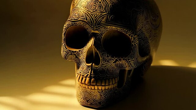 Ornate decorative skull with swirling tribal patterns in warm golden light displaying intricate line art and a unique art piece.