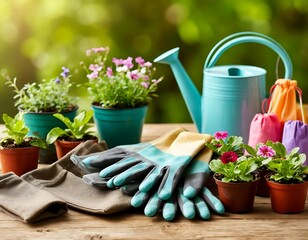 Flower seedlings and watering can, Top view of a garden arrangement, including flower seedlings, garden tools and watering can, located on the soil or grass.