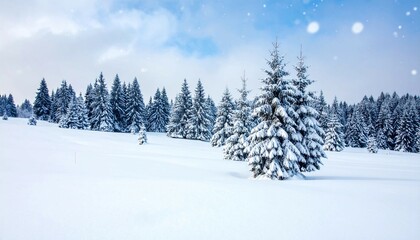 "Snowy landscape with pine trees and soft snow falling, overcast sky, peaceful and minimal winter background, cool blue and white tones"