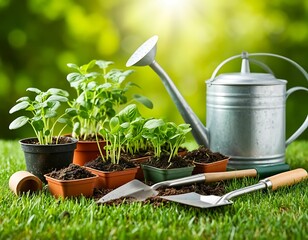 Flower seedlings and watering can, Top view of a garden arrangement, including flower seedlings, garden tools and watering can, located on the soil or grass.