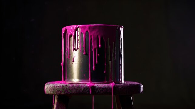 An open aluminum paint can sits on an old stool, with bright purple paint spilling over the edge and slowly dripping down all sides.