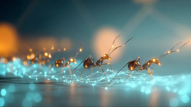 Mechanical ants marching across glowing network, symbolizing swarm intelligence and coordinated AI systems