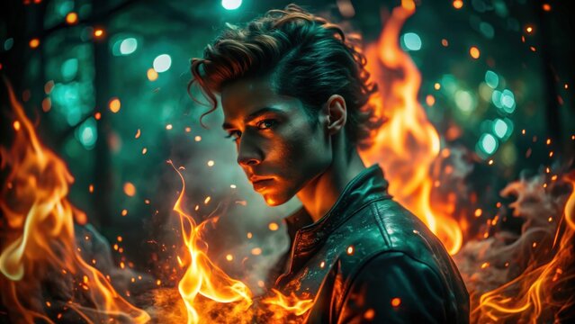 A young person with intense expression stands amid swirling flames in a dark, forested setting, illuminated by dramatic, fiery light.