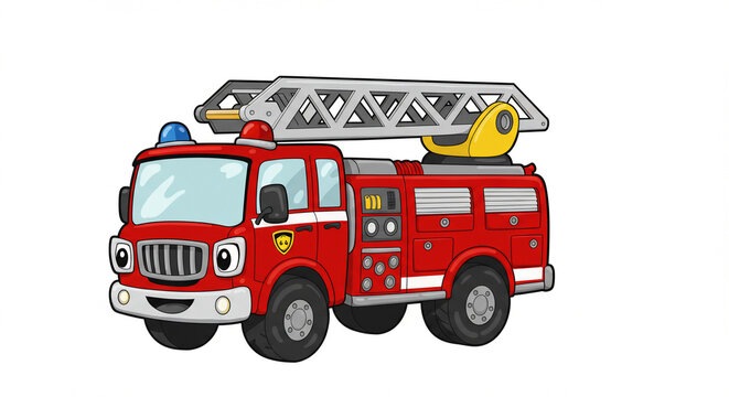 Cheerful Fire Truck Cartoon: A happy cartoon firetruck with a ladder and flashing lights. Perfect for children's books, educational materials, and safety campaigns.