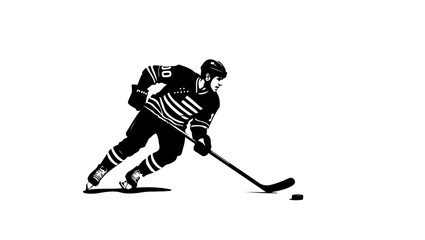 Fototapeta premium Hockey player silhouette vector, silhouette, sport, hockey, ski, player, vector, illustration, winter, ice, skier, skiing, sports, people, stick, black, action, game, athlete, activity, competition, b