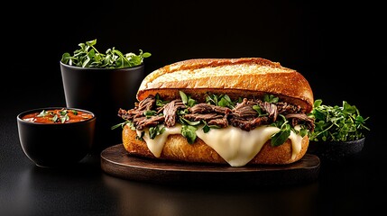 Delicious pulled beef sub sandwich with melted cheese and fresh herbs