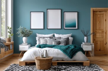 Modern bedroom interior with white walls, light gray floor, and a wooden door. A simple bed is centered in the room, covered with a green blanket