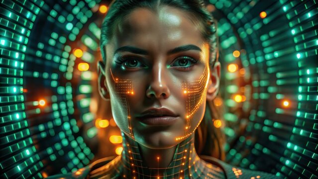 A futuristic woman with glowing circuit patterns on her face stands against a vibrant, digital background of illuminated data.