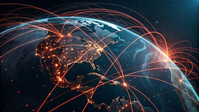 A globe with glowing continents and red lines connecting cities representing global network concept