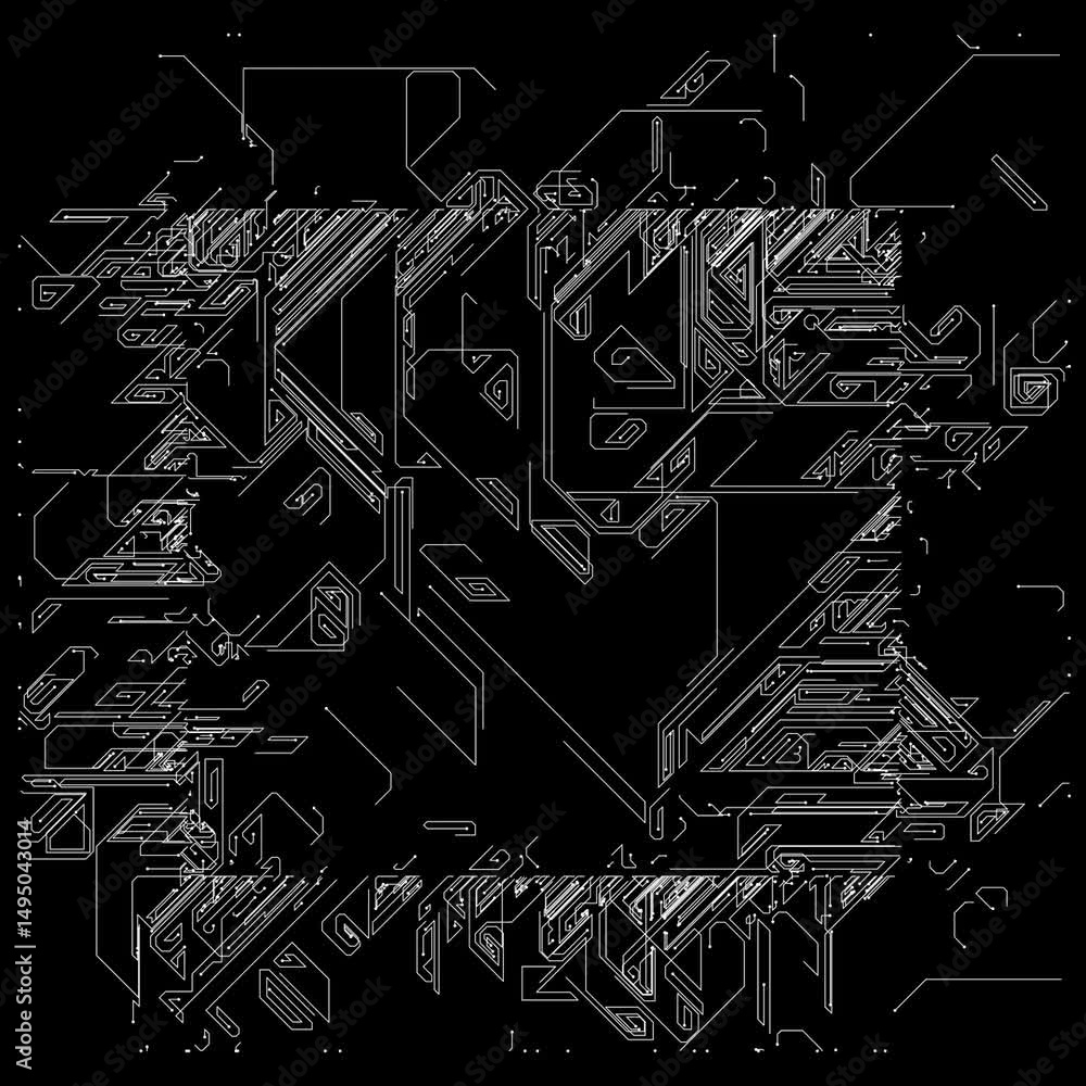Poster digital abstract art with intricate line patterns and futuristic tech theme