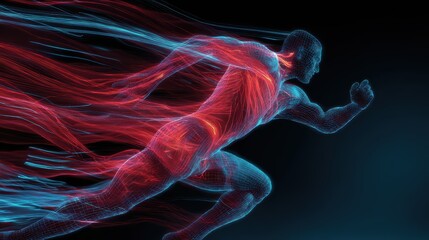 Dynamic silhouette of a runner with glowing lines and particles, symbolizing speed, energy, and motion. Perfect for concepts of technology, innovation, and human potential.