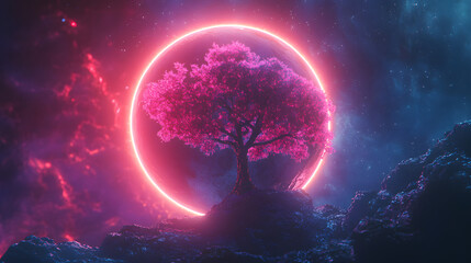Abstract neon background with a cosmic tree sprouting through a planet surrounded by a glowing neon ring in pink and blue hues giving a mystical and futuristic vibe 3D illustration