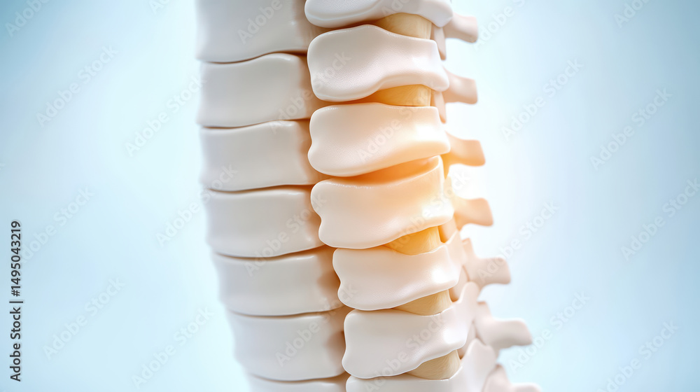 Poster a close-up, detailed 3d rendering of human spinal vertebrae, highlighting the structure and alignmen