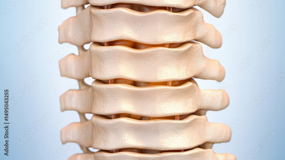 Poster a detailed close-up of human vertebrae, showing the structure and alignment of the spinal column on 