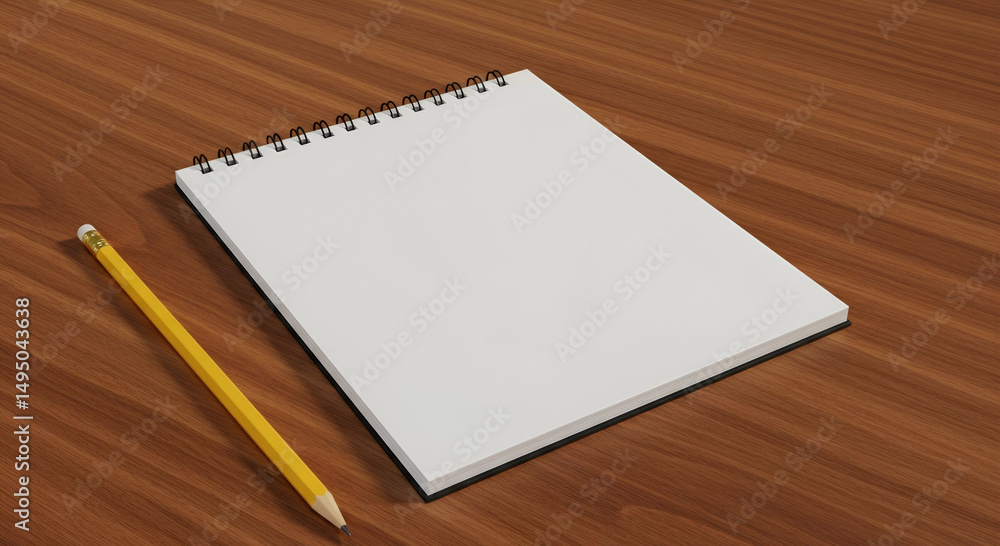 Poster empty spiral-bound notebook and pencil on a wooden surface. blank notebook resting on a wood desk wi