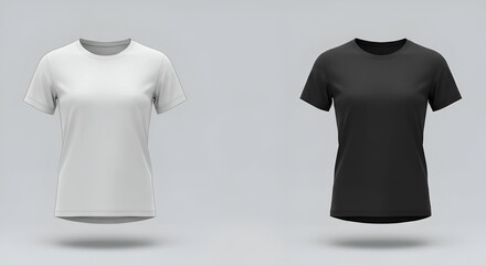 Women's blank short-sleeve t-shirts in white and black displayed against a neutral background. Versatile apparel mockup for printing and branding.