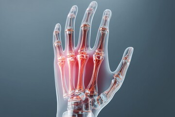 Naklejka premium Redness and swelling in finger joints, indicating rheumatoid arthritis flare-up.