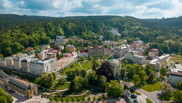 Marianske Lazne - aerial view of Goethe Square - the centre of the spa town - drone