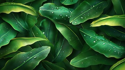 Fototapeta premium Lush green leaves, vibrant tropical foliage, with water droplets