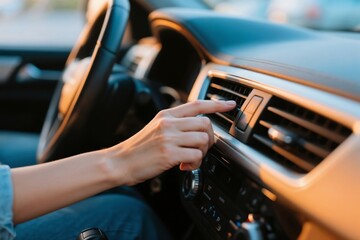 Adjusting Car AC Vent with Hand on Dashboard