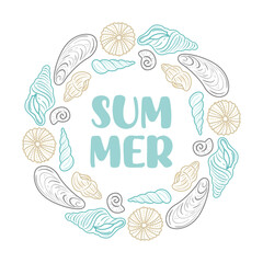 A circular arrangement of hand-drawn seashells in pastel colors surrounds the text summer in a playful, handwritten font. The design evokes a beachy, summery atmosphere