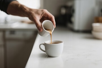 Pouring Fresh Coffee into a White Cup in a Cozy Kitchen