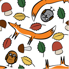 fox, owl and forest doodle seamless pattern kid drawing. Vector illustration