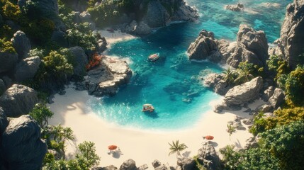 Naklejka premium Tropical beach cove, rocky shoreline, turquoise water