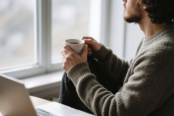 Man Enjoying Coffee by the Window While Working on Laptop