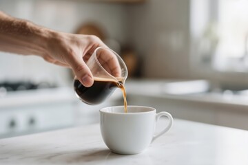 Pouring Fresh Coffee into a White Cup in a Cozy Kitchen